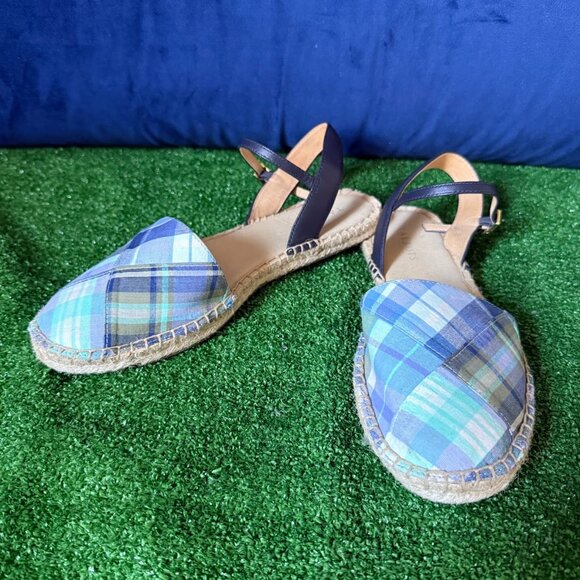 Talbots Size 9.5 Izzy D'Orsay Espadrilles Raffia Blue Madras Plaid Shoes Sandals - Picture 1 of 10